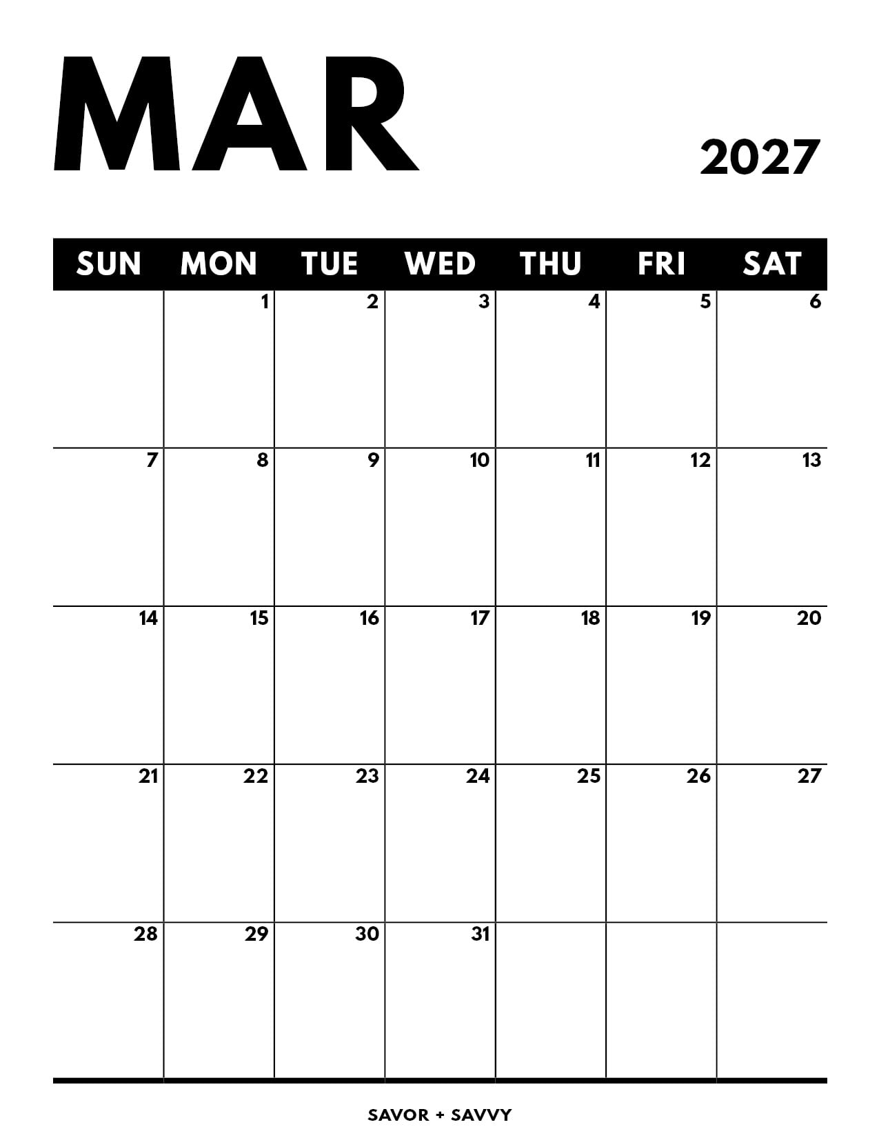 clean, black and white calendar page that is designed for being office-friendly.