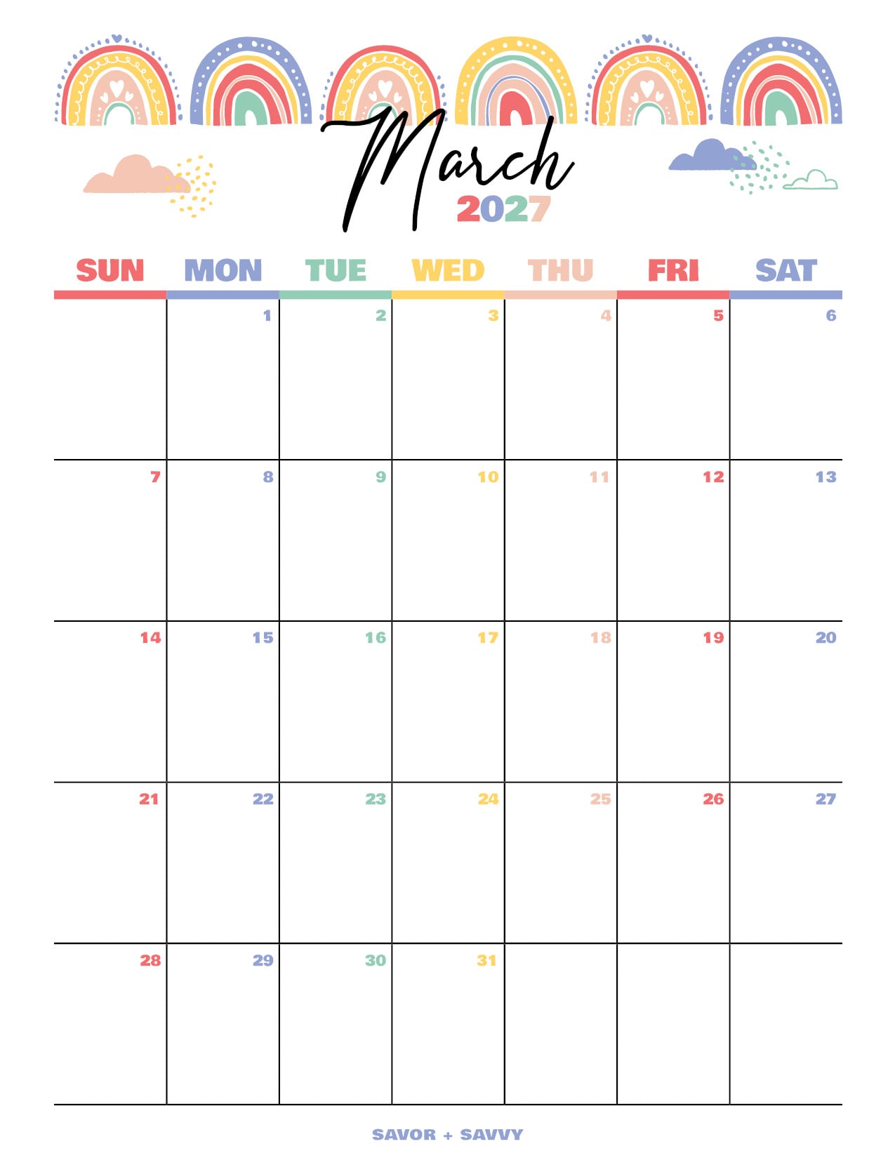 happy rainbows decorate the top of this calendar page.