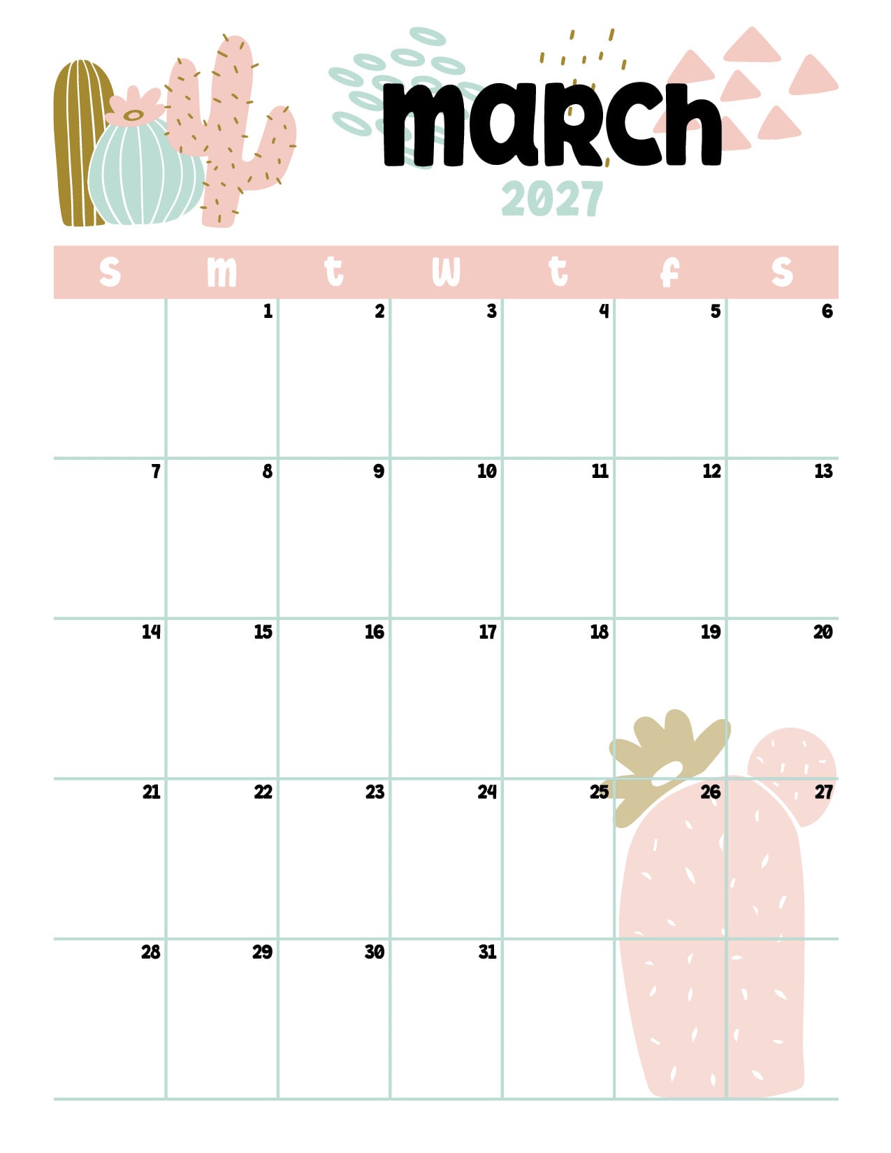 peach succulents and cacti are the theme of this March calendar page.