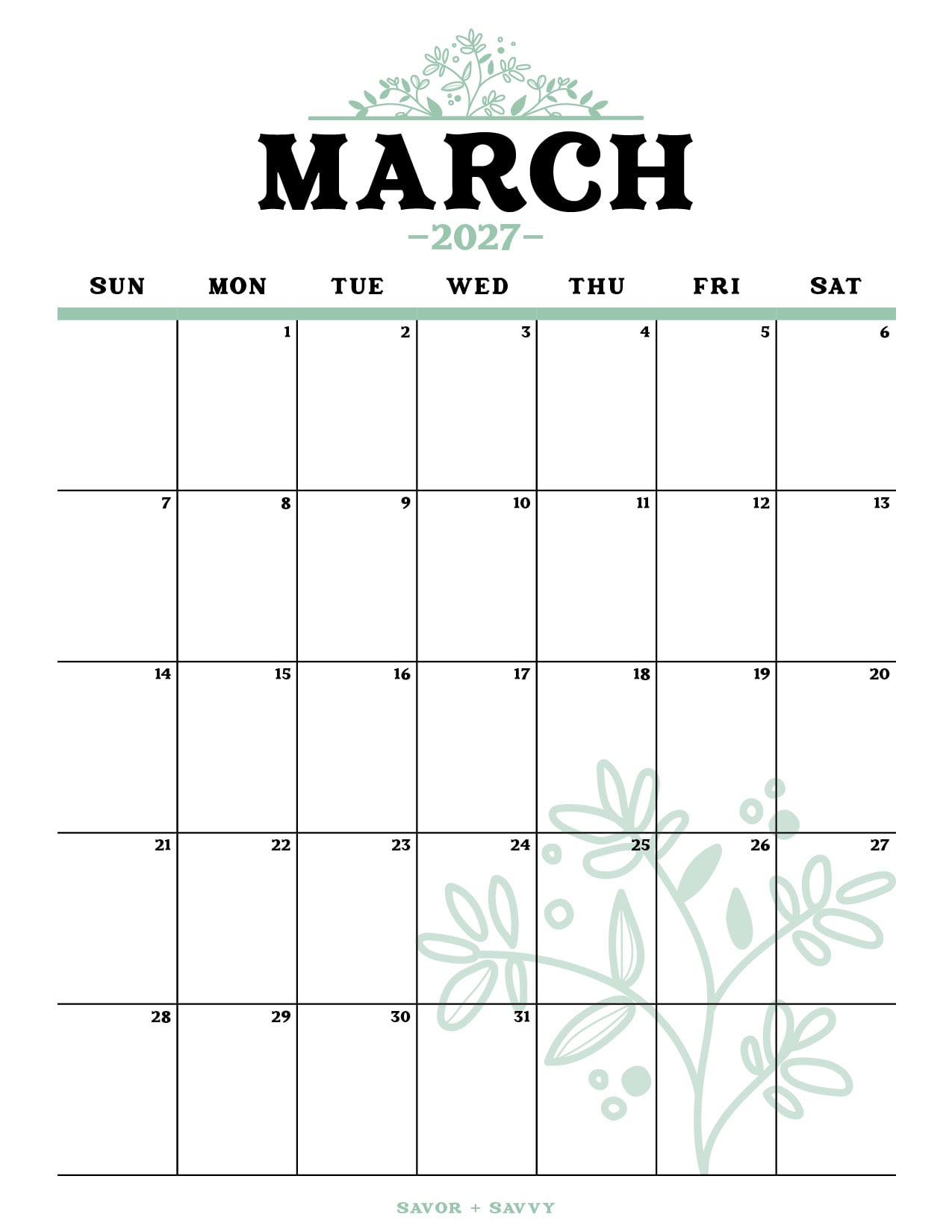 simple light green elegant lines showcase a botanical motif for this Mar 2027 calendar page.