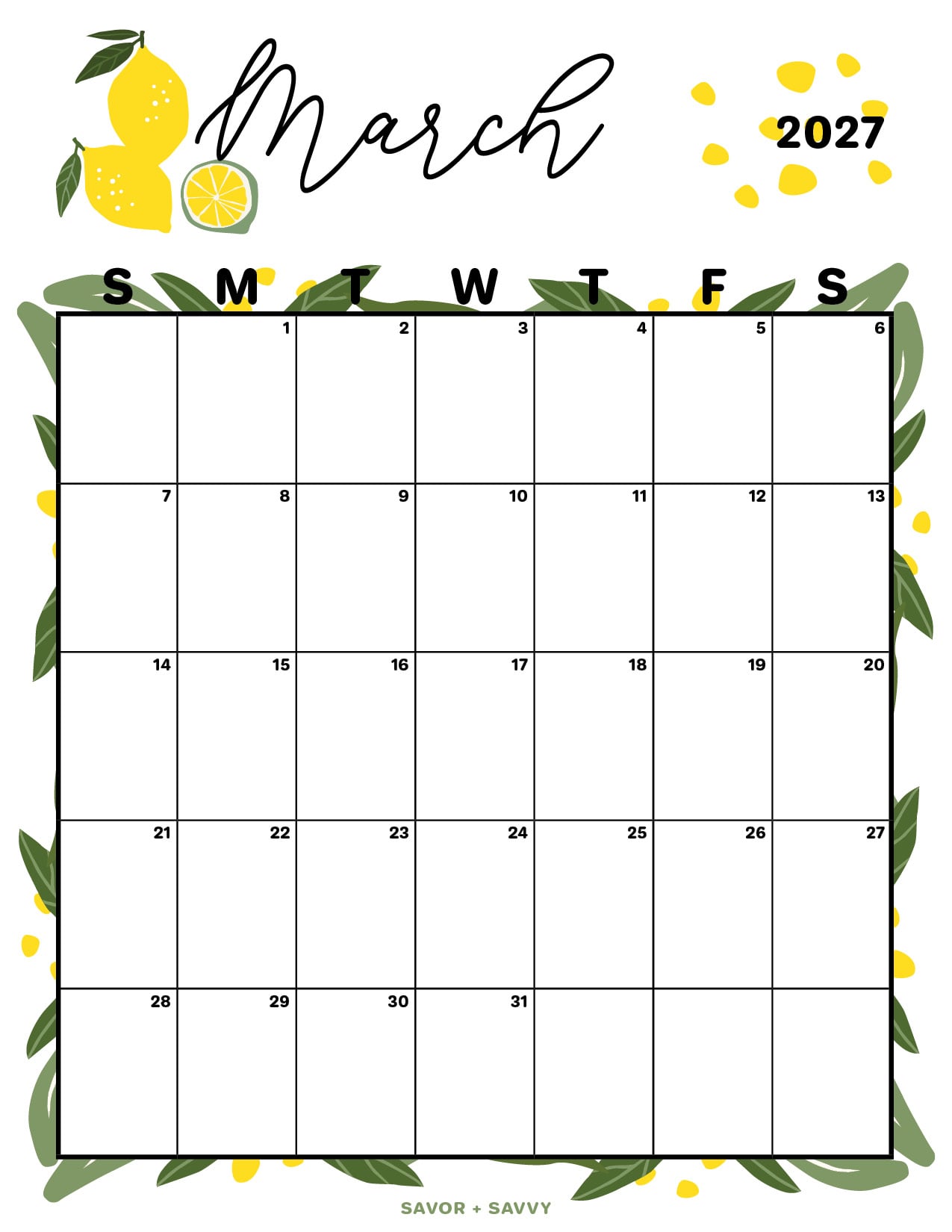 bright green and yellow citrus theme for this calendar page.