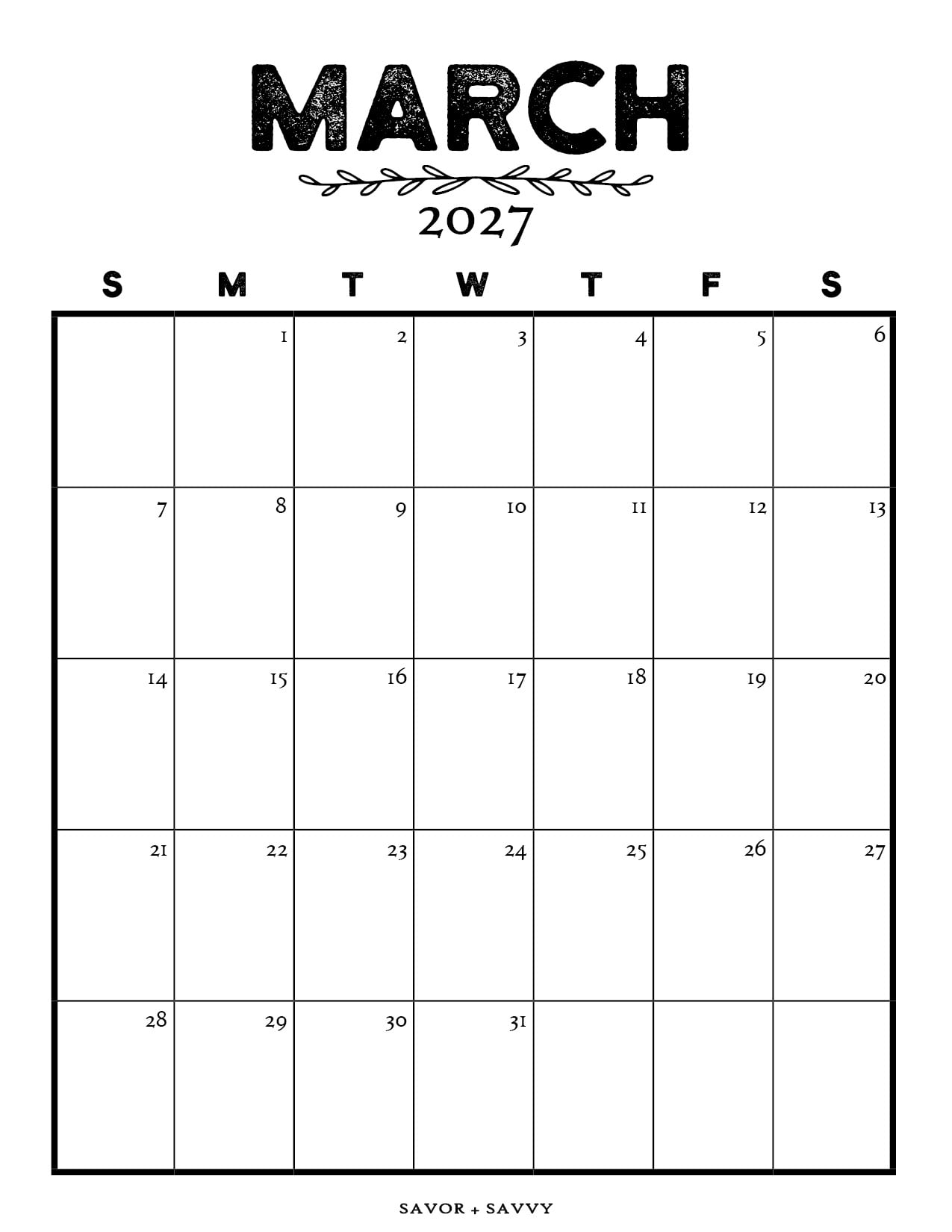 simple black shaded date and square blocks for each day for this March printable calendar page.