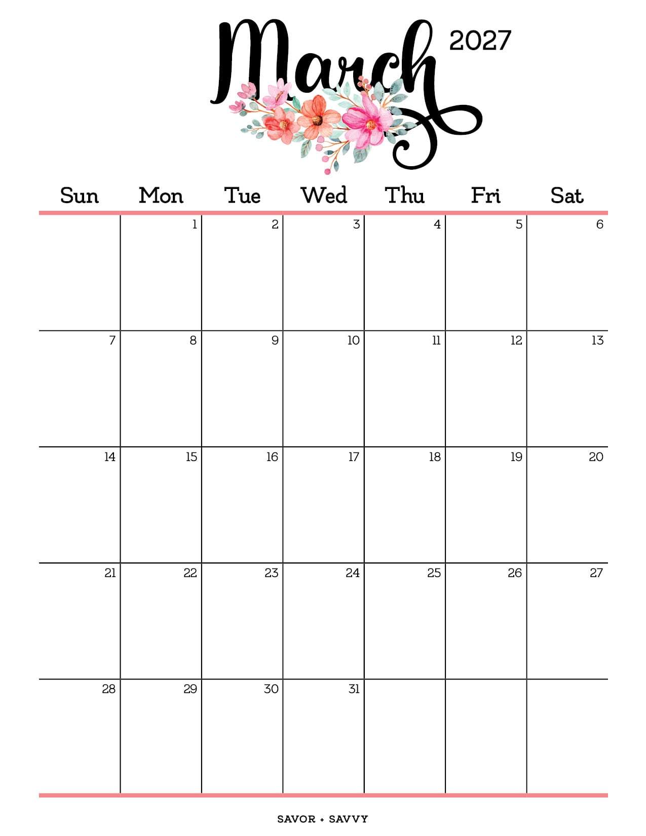 simple watercolor floral themed calendar page for March 2027.
