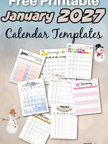 several free printable calendar pages for january 2027 overlaid on a light blue and tan background with two cute snowmen decorating the page.