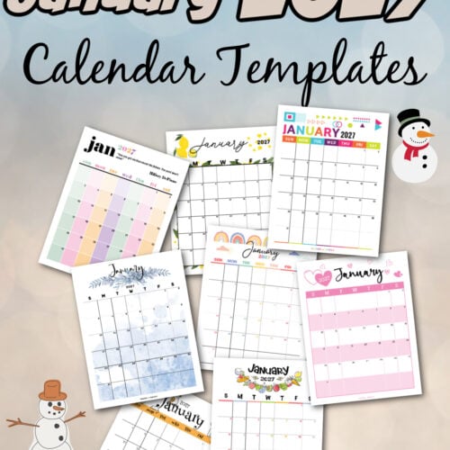 several free printable calendar pages for january 2027 overlaid on a light blue and tan background with two cute snowmen decorating the page.
