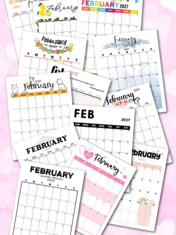 several free printable February 2027 calendar pages over a pastel pink background with hearts.