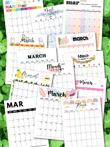 pages of the March 2027 printable calendars over a background of green shamrocks.