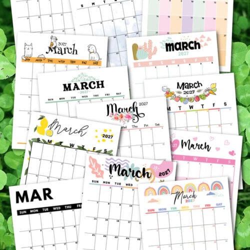 pages of the March 2027 printable calendars over a background of green shamrocks.