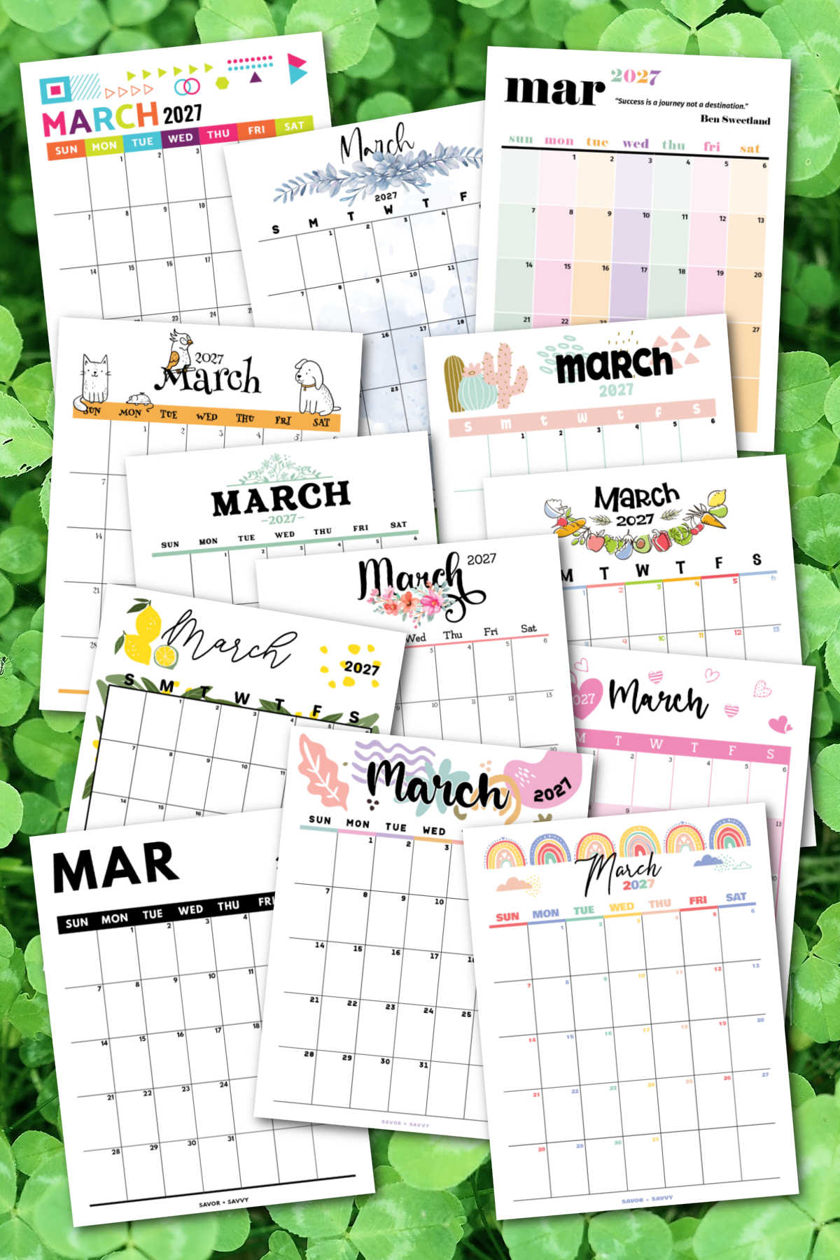 pages of the March 2027 printable calendars over a background of green shamrocks.