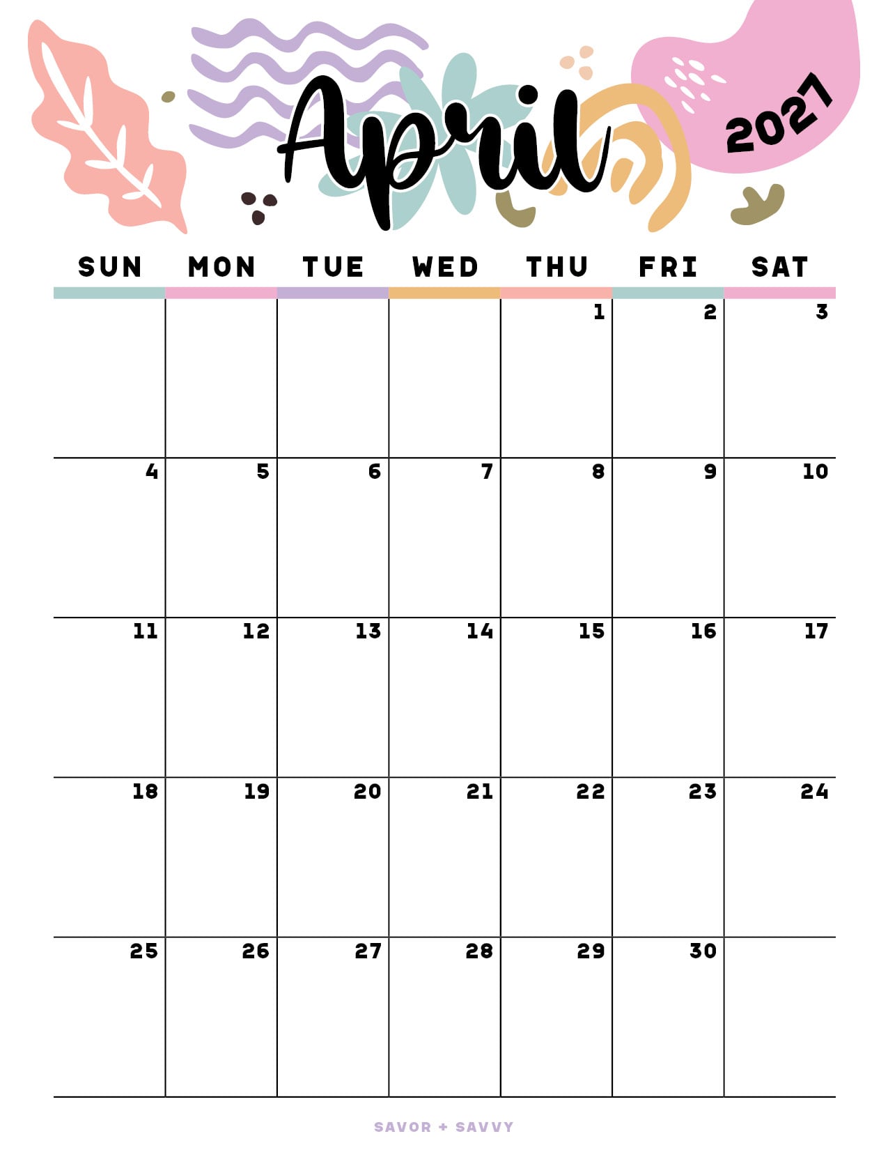 colorful header on the top of the april 2027 calendar page.