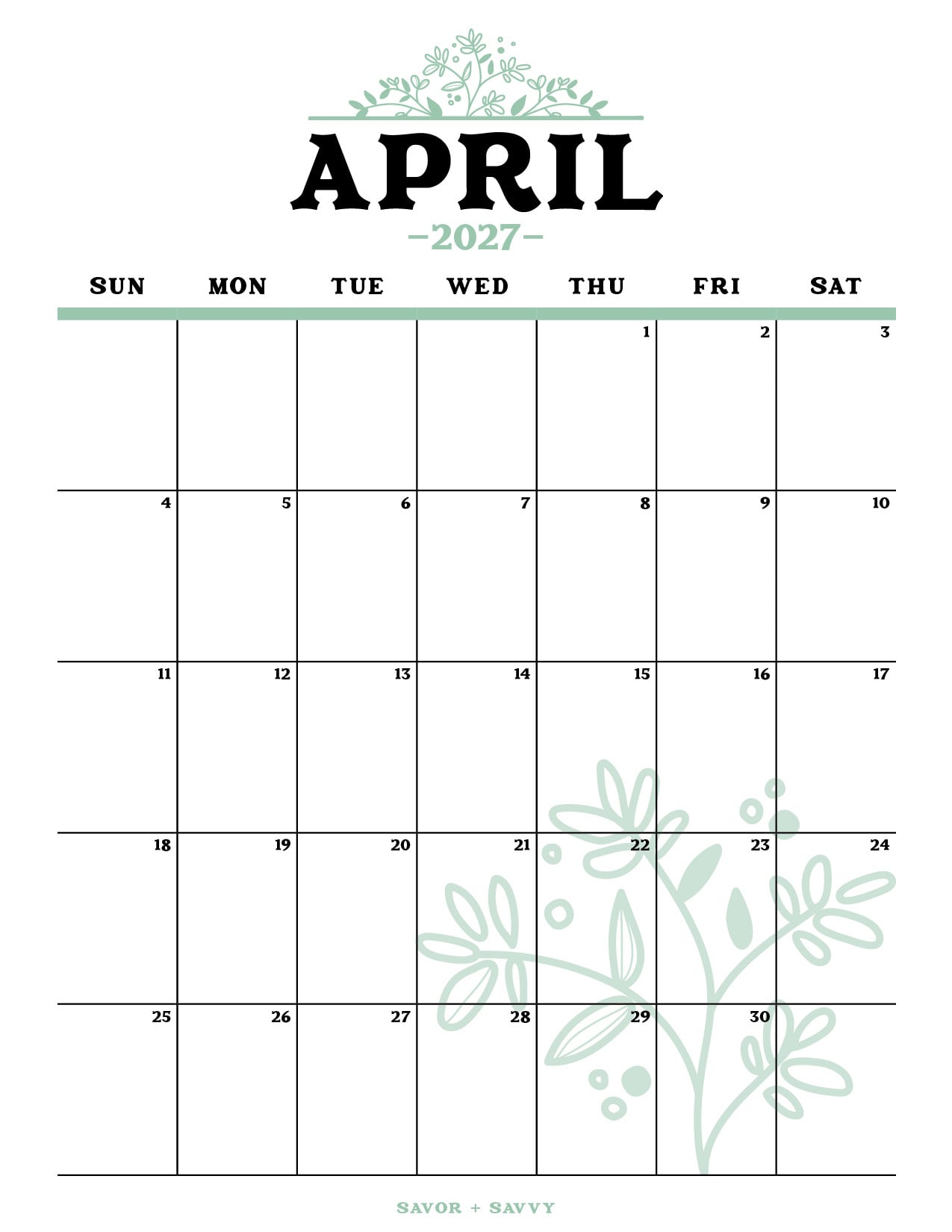 soft, pastel green themed calendar page.
