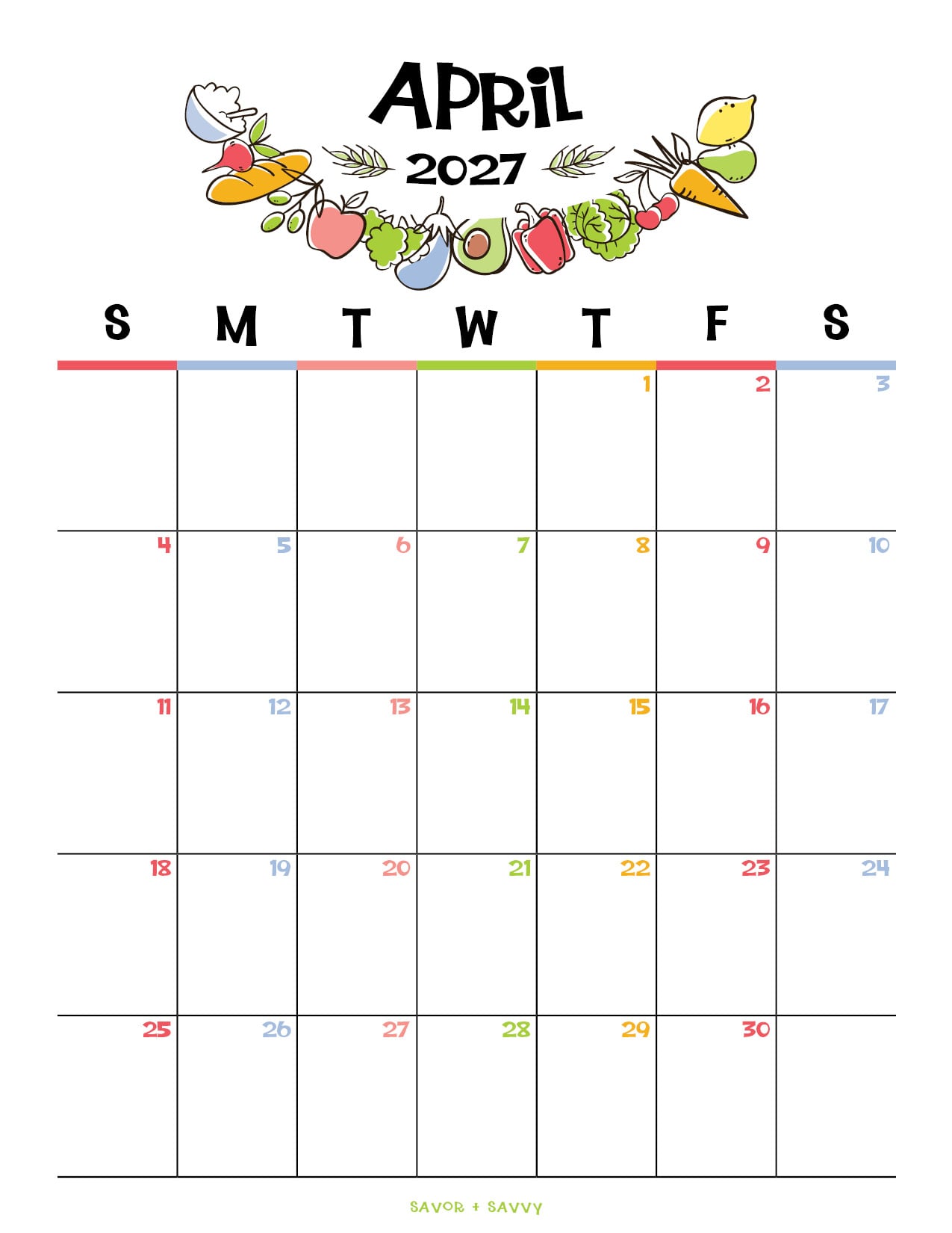 lots of fresh fruits and vegetables are on the heading of this calendar page.
