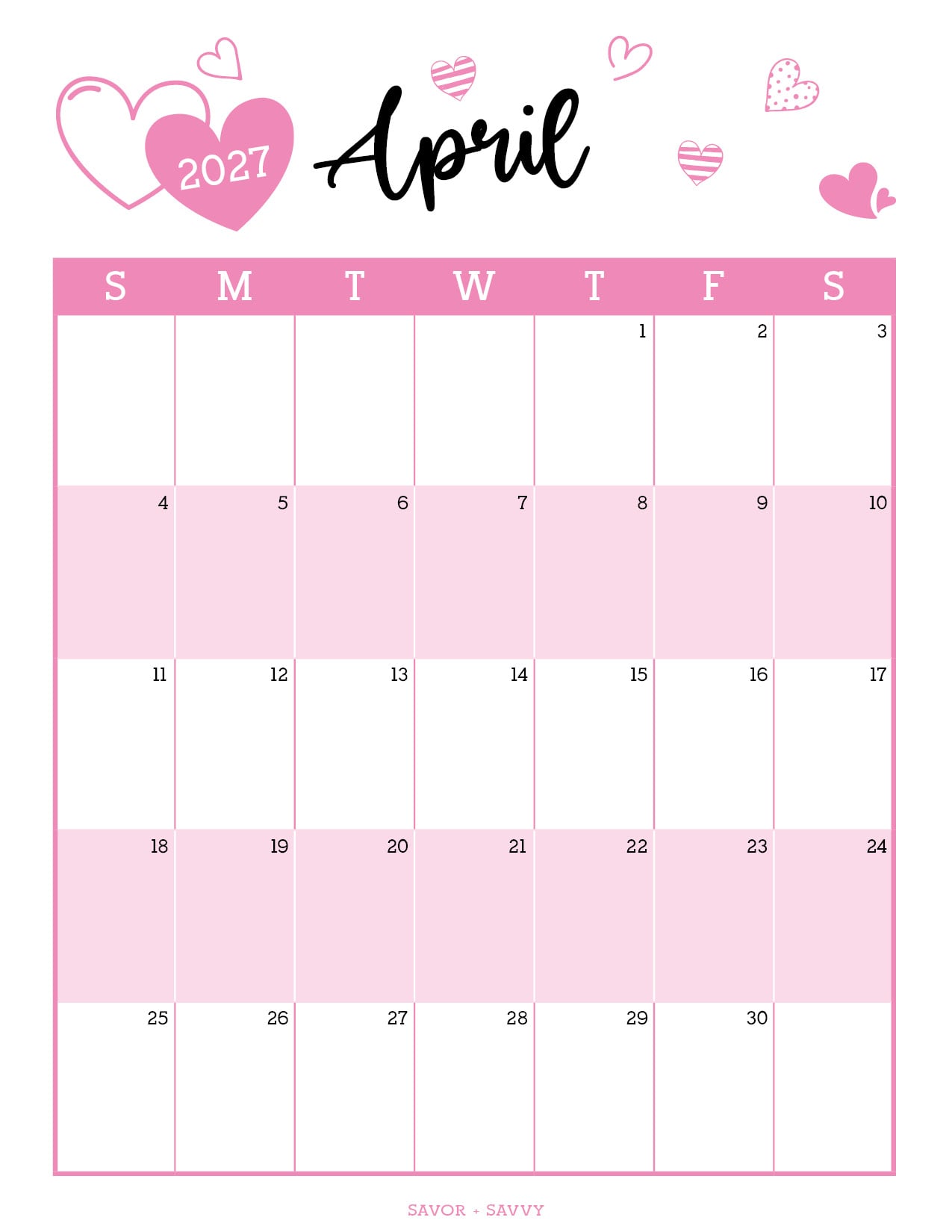 pink and white hearts sprinkled throughout the april calendar page.