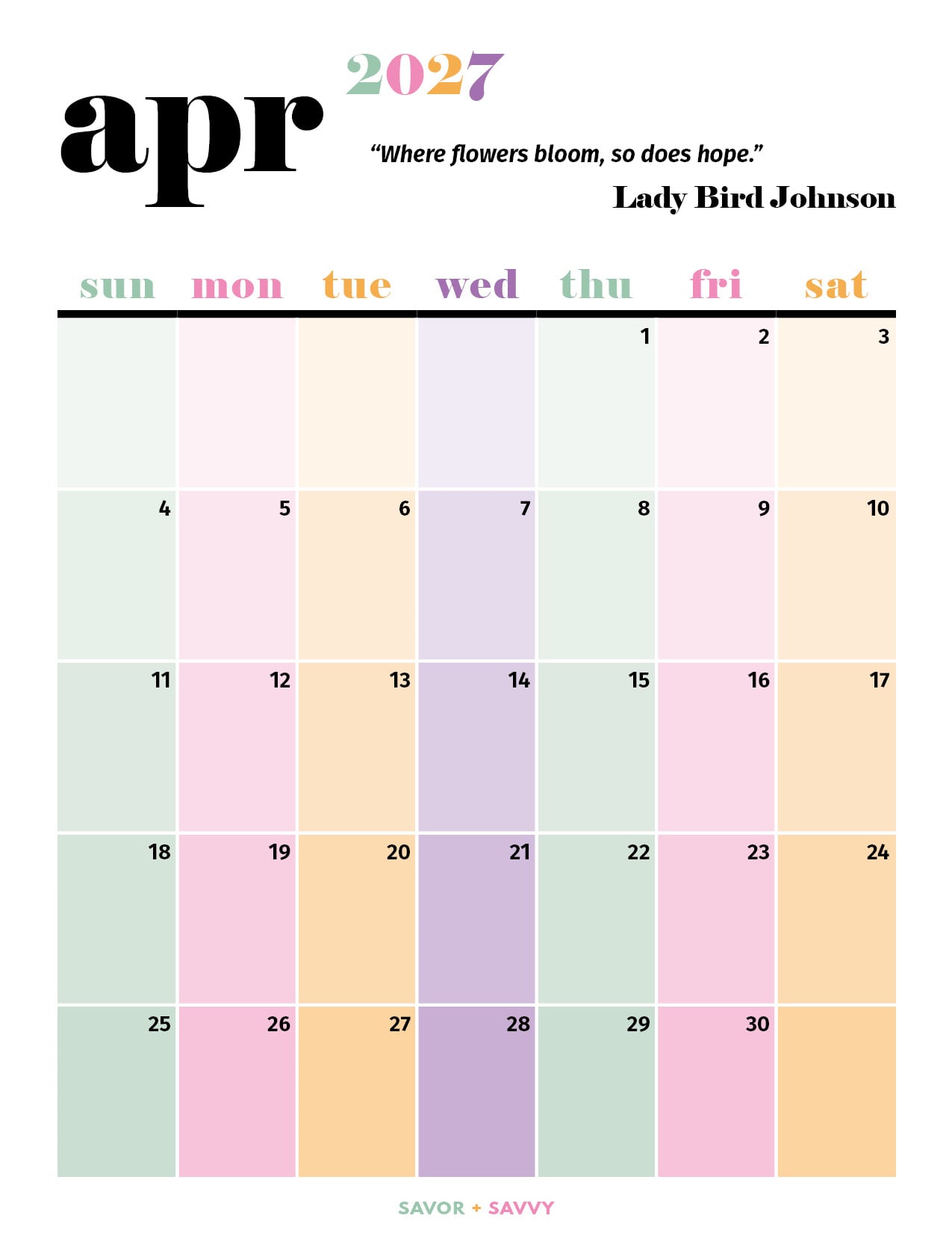 Lady Bird Johnson quote on this pastel april calendar page.