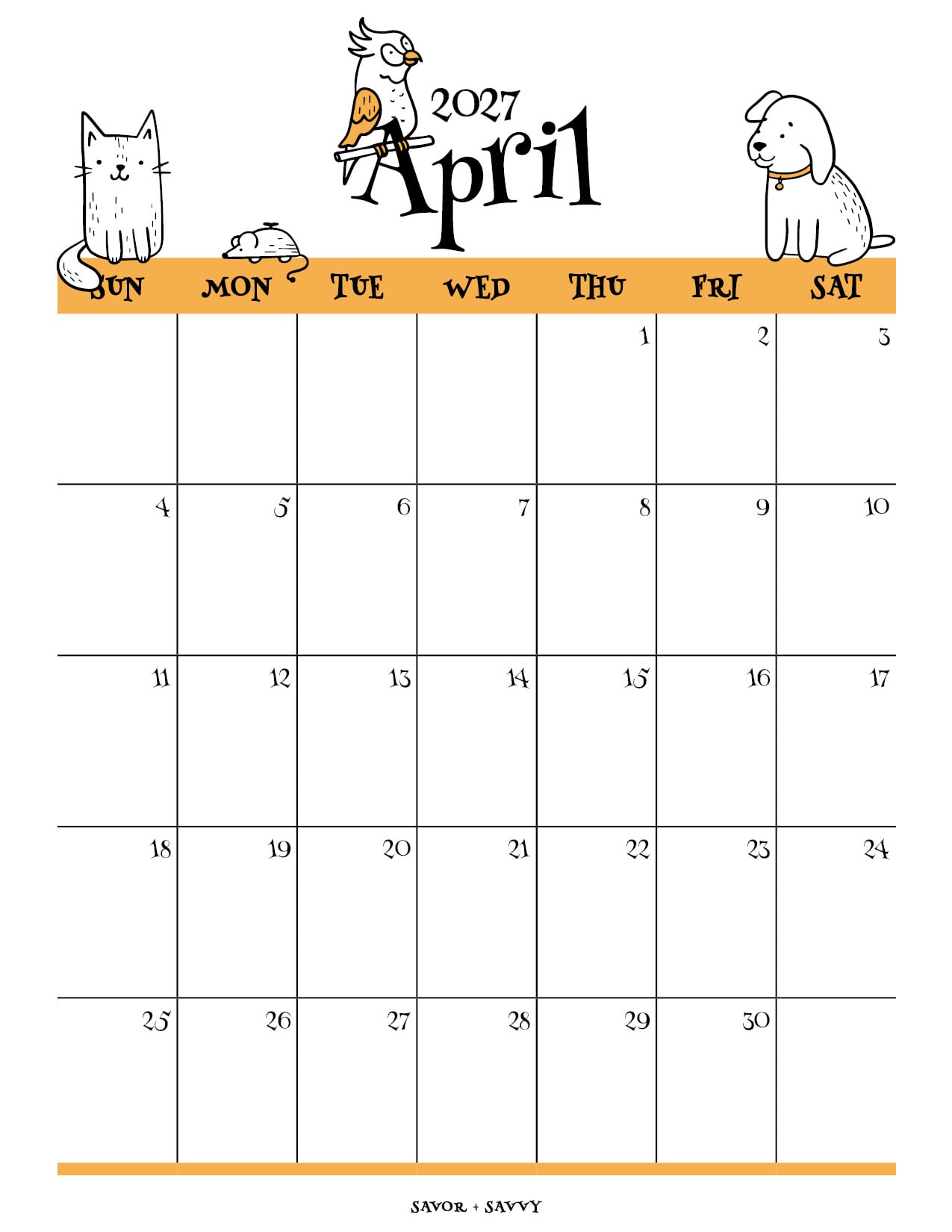 black and white line drawn pets on an orange border for the April 2027 printable calendar page.