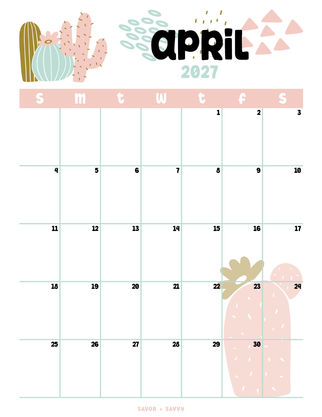 adorable, soft cactus and succulent themed calendar page for April 2027.